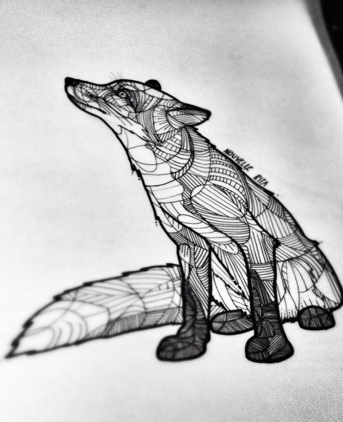 500x615 Breathtaking Black And White Fox Looking On Sky Tattoo Design
