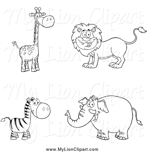 600x620 Clipart Of A Black And White Giraffe, Lion, Zebra And Elephant By