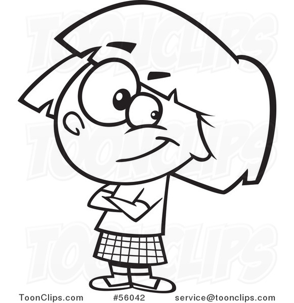 581x600 Black And White Cartoon Confident Little Girl With Folded Arms