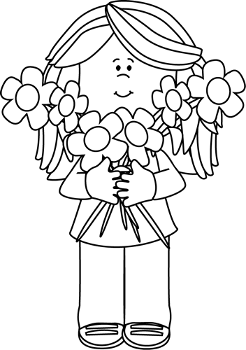 352x500 Black And White Girl Holding A Bunch Of Flowers Clip Art