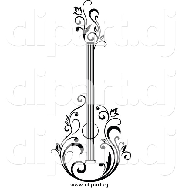 600x620 Vector Clipart Of A Black And White Guitar With Vines By Vector