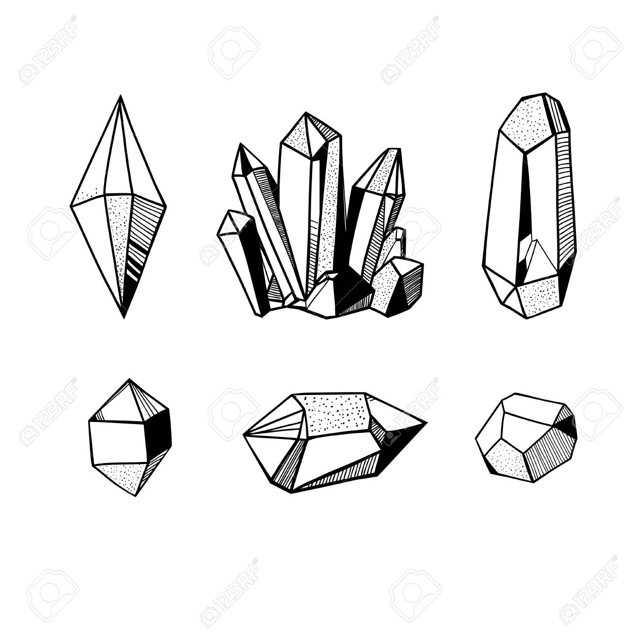 1300x1300 Hand Drawn Crystals Set, Black And White Vector Illustration