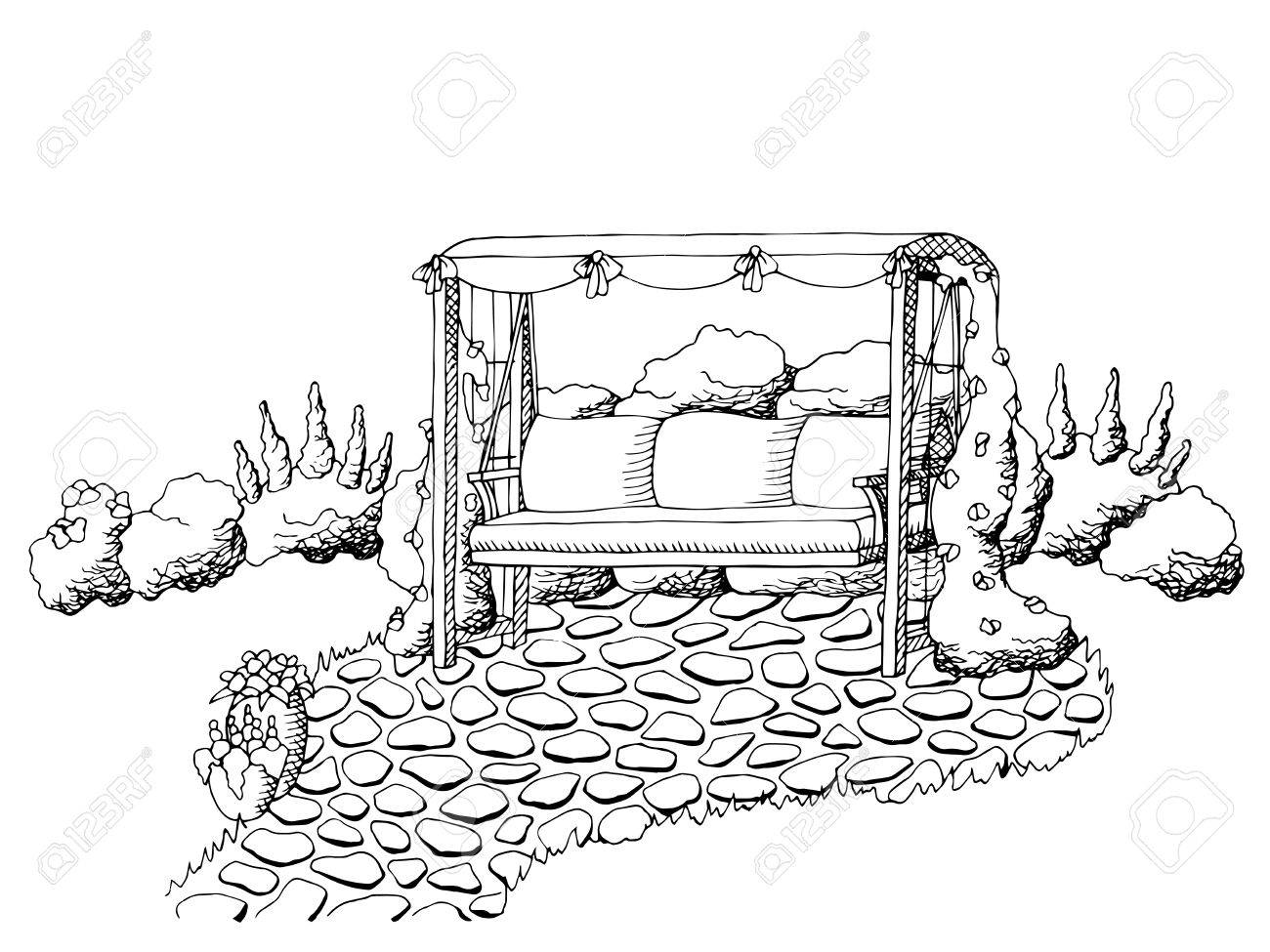 1300x975 Garden Swing Graphic Art Black White Landscape Illustration Vector