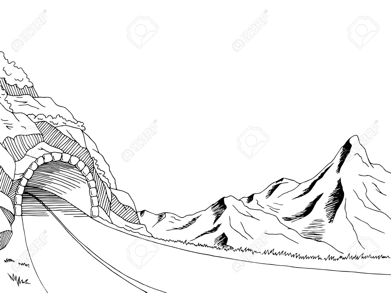 1300x975 Mountain Road Tunnel Graphic Art Black White Landscape Sketch