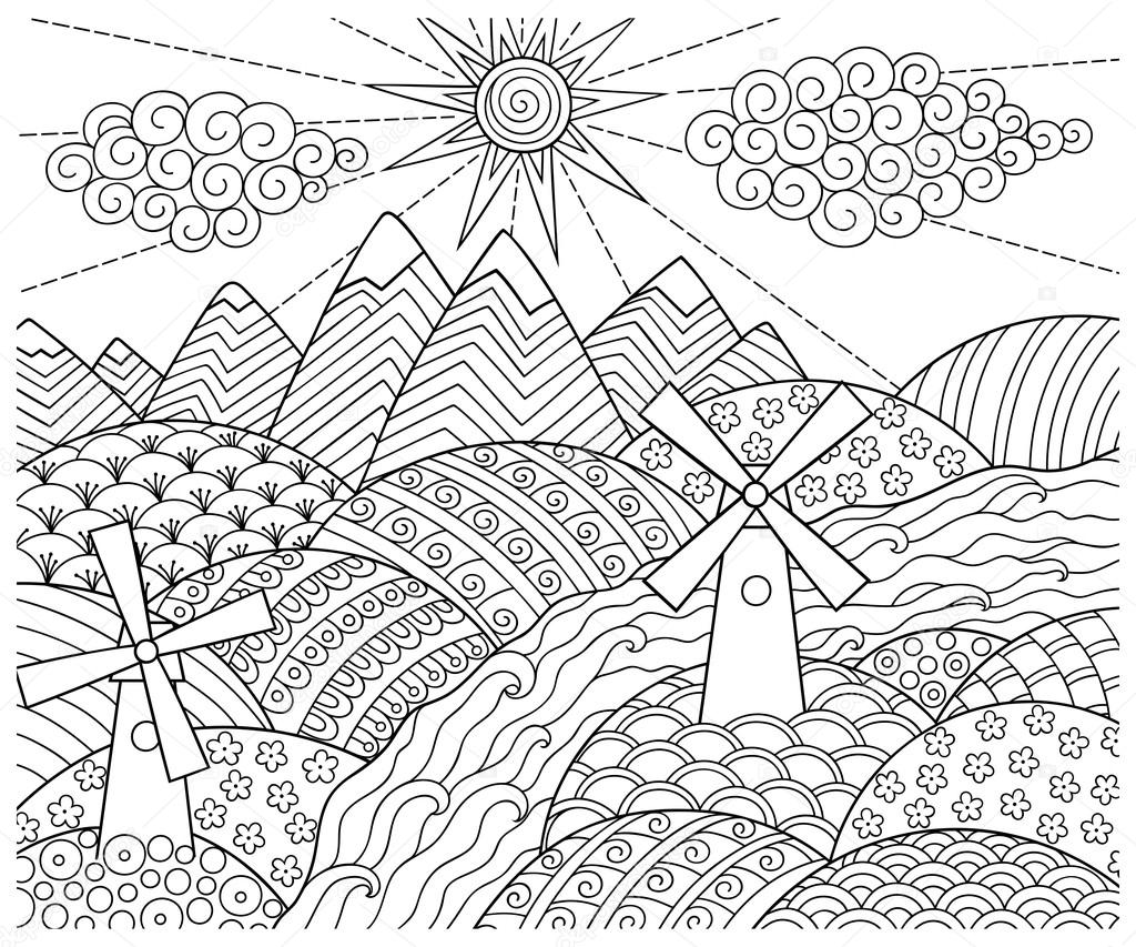 1024x853 Doodle Pattern In Black And White. Landscape Pattern For Coloring