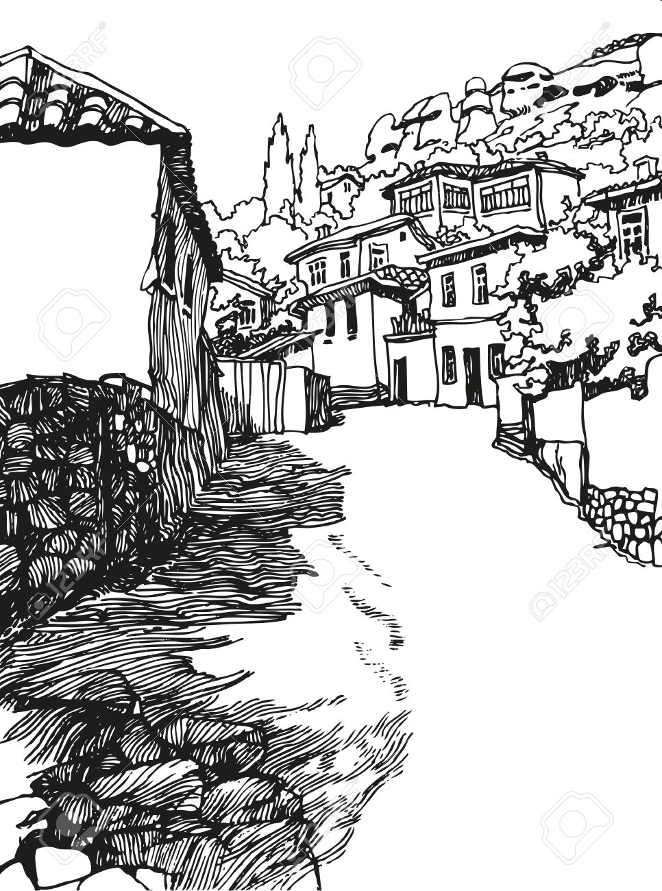 966x1300 Illustration Of The Black And White Design Of The Old City. Sketch