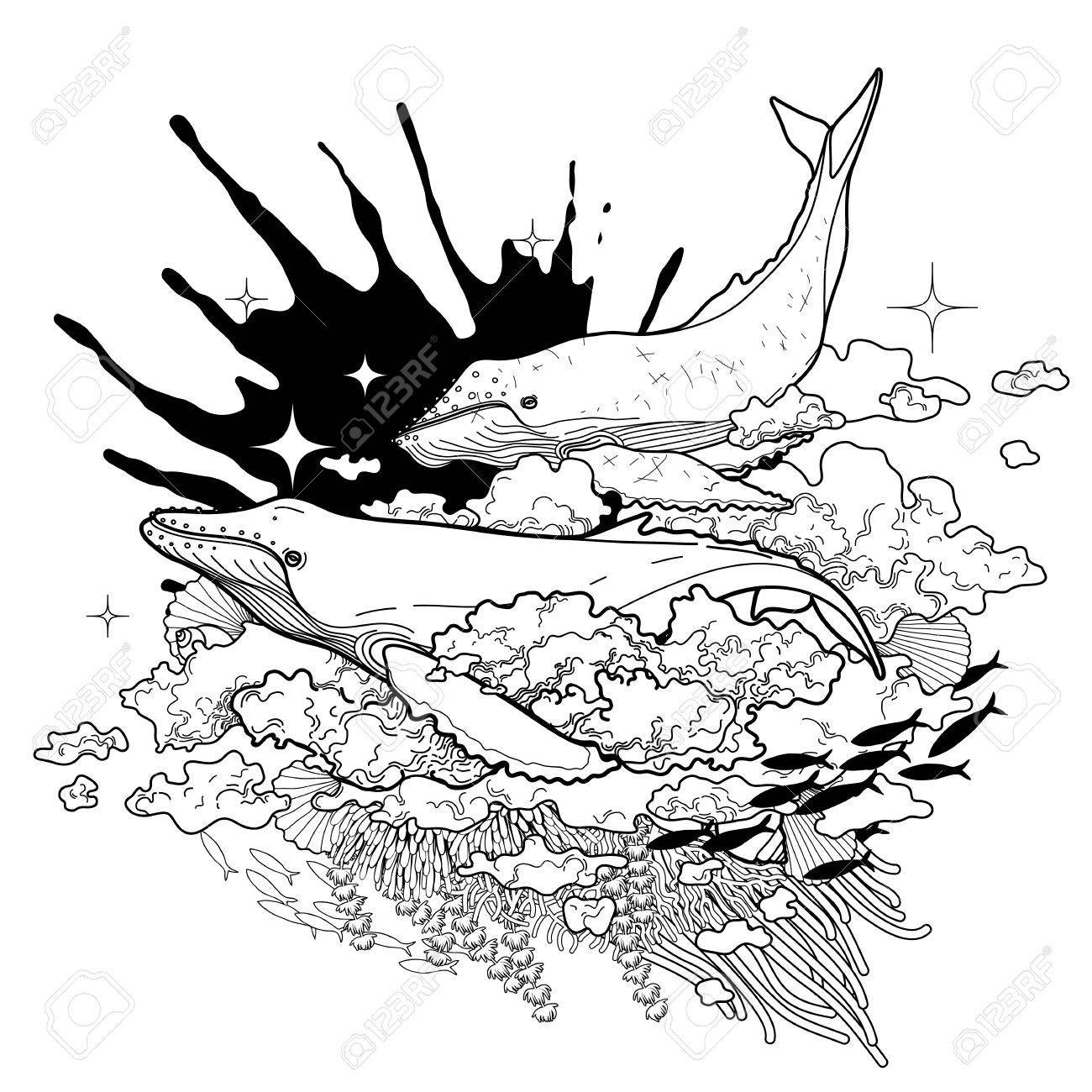 1300x1300 Graphic Whales Flying In The Sky With Ink Splash On Background