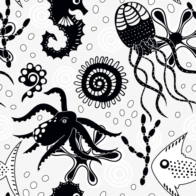 650x650 Hand Painted,line,ocean,black And White,aquatic Creatures,sketch