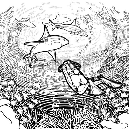 450x450 Ocean Underwater Surface Drawn In Line Art Style. Marine Vector