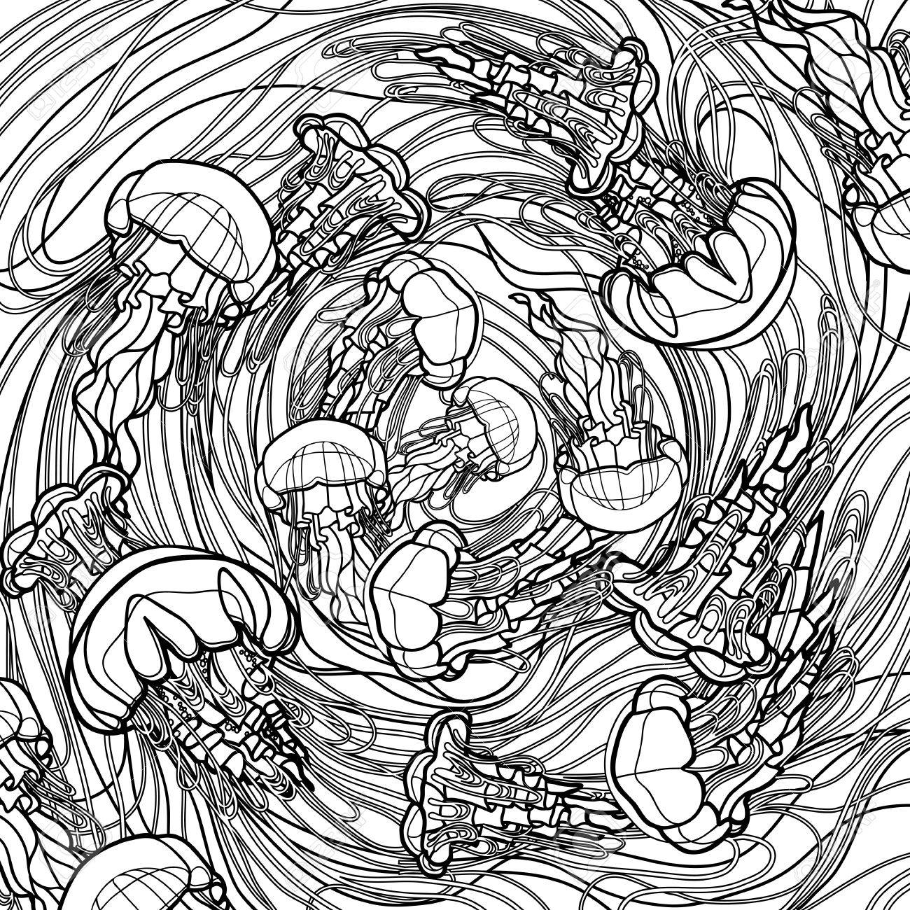 1300x1300 Swirl Of Jellyfish Drawn In Line Art Style. Ocean Card In Black