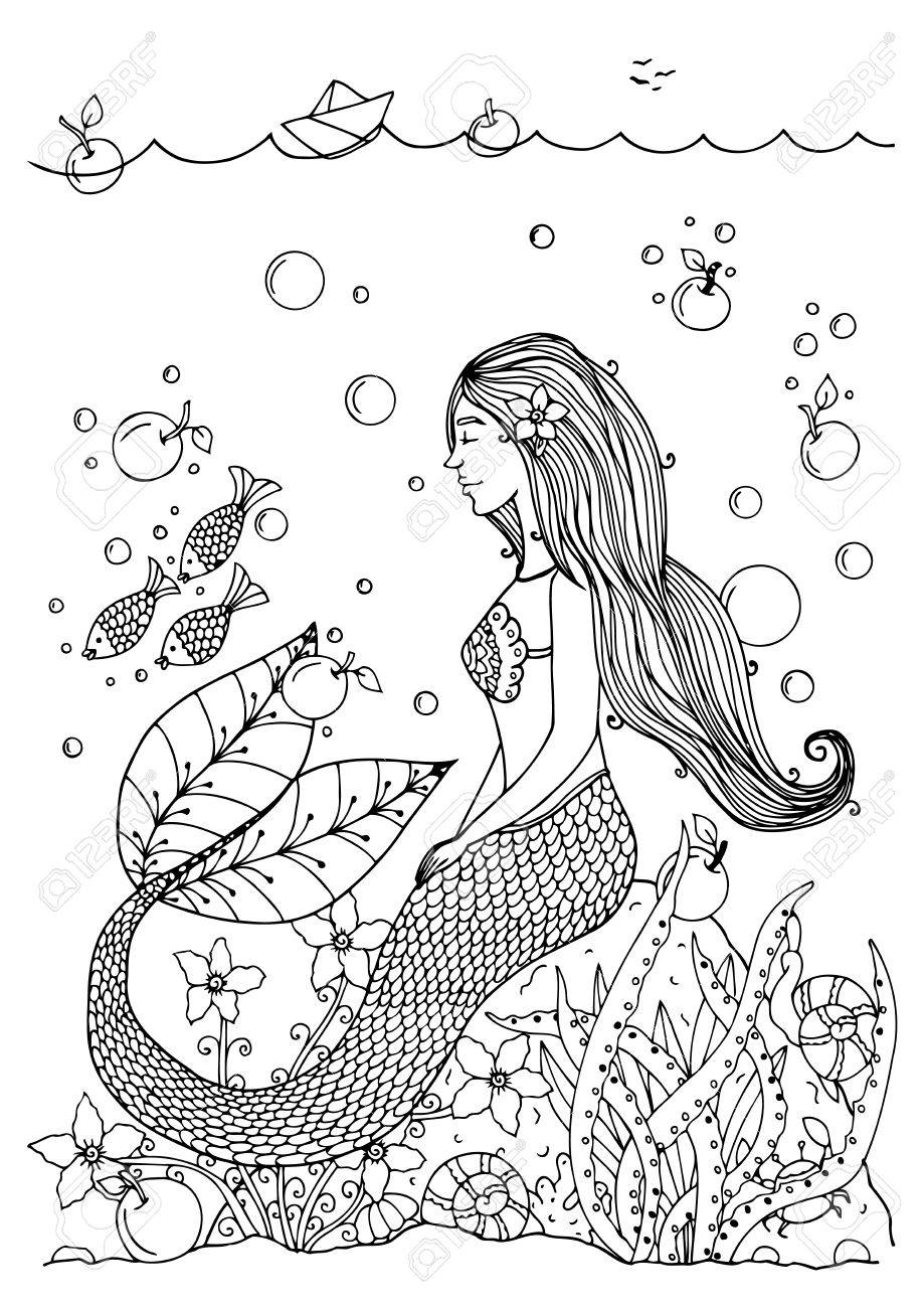 919x1300 Vector Illustration Zentangl Mermaid In The Ocean With Apples
