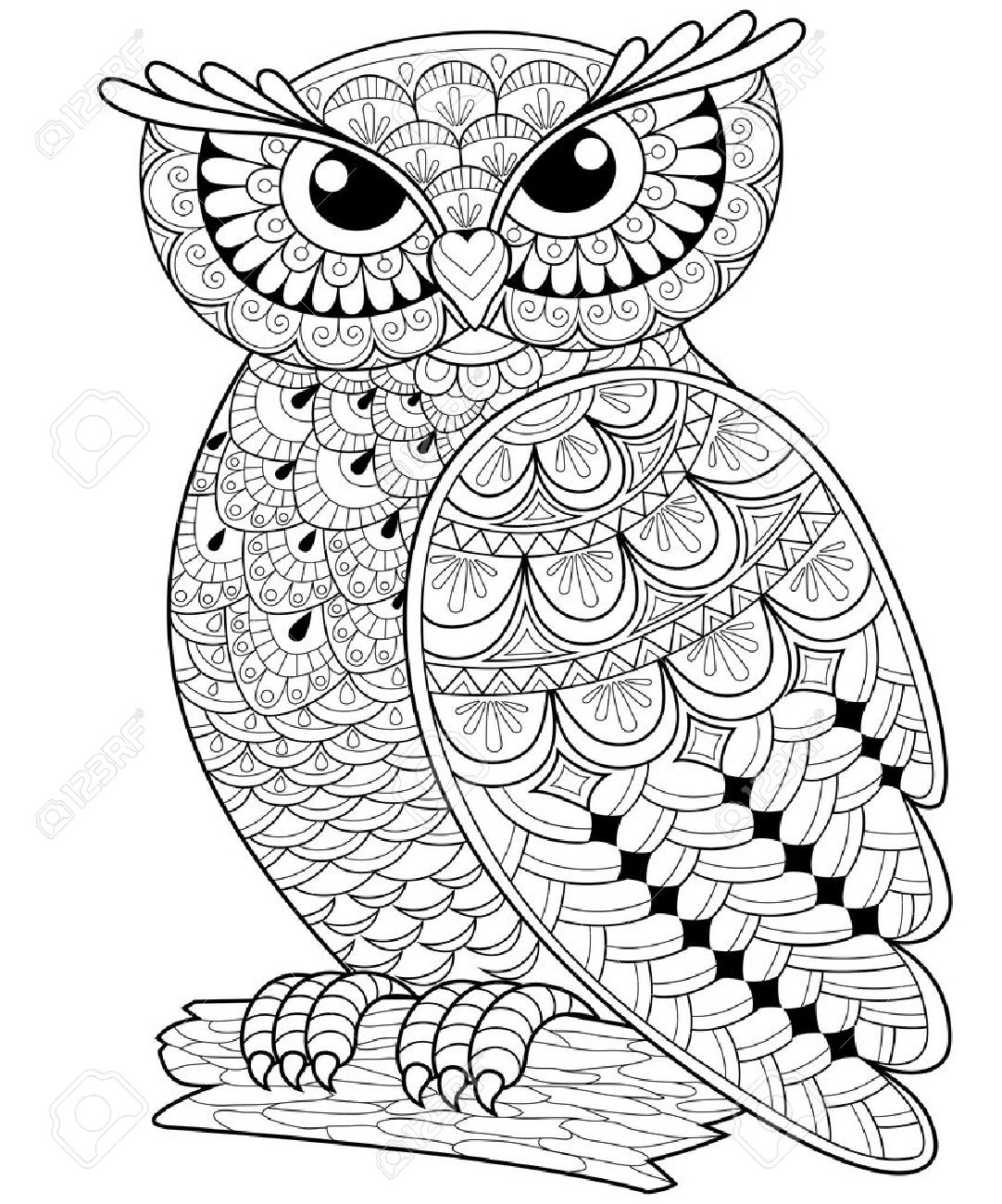 1082x1300 Decorative Owl. Adult Anti Stress Coloring Page. Black And White