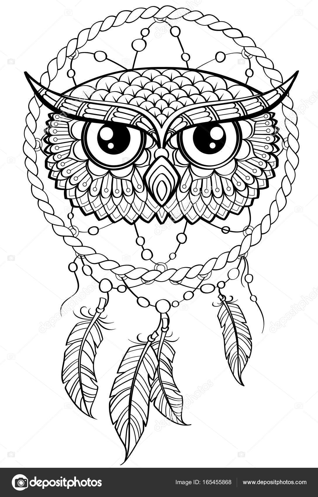 1088x1700 Dream Catcher With Owl. Tattoo Or Adult Antistress Coloring Page