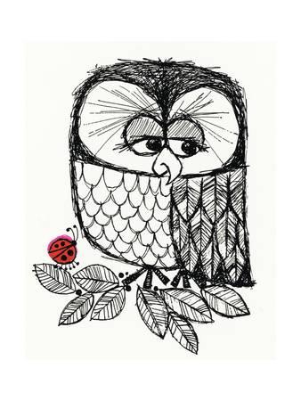 338x450 Retro Black And White Owl With Ladybug Art Print