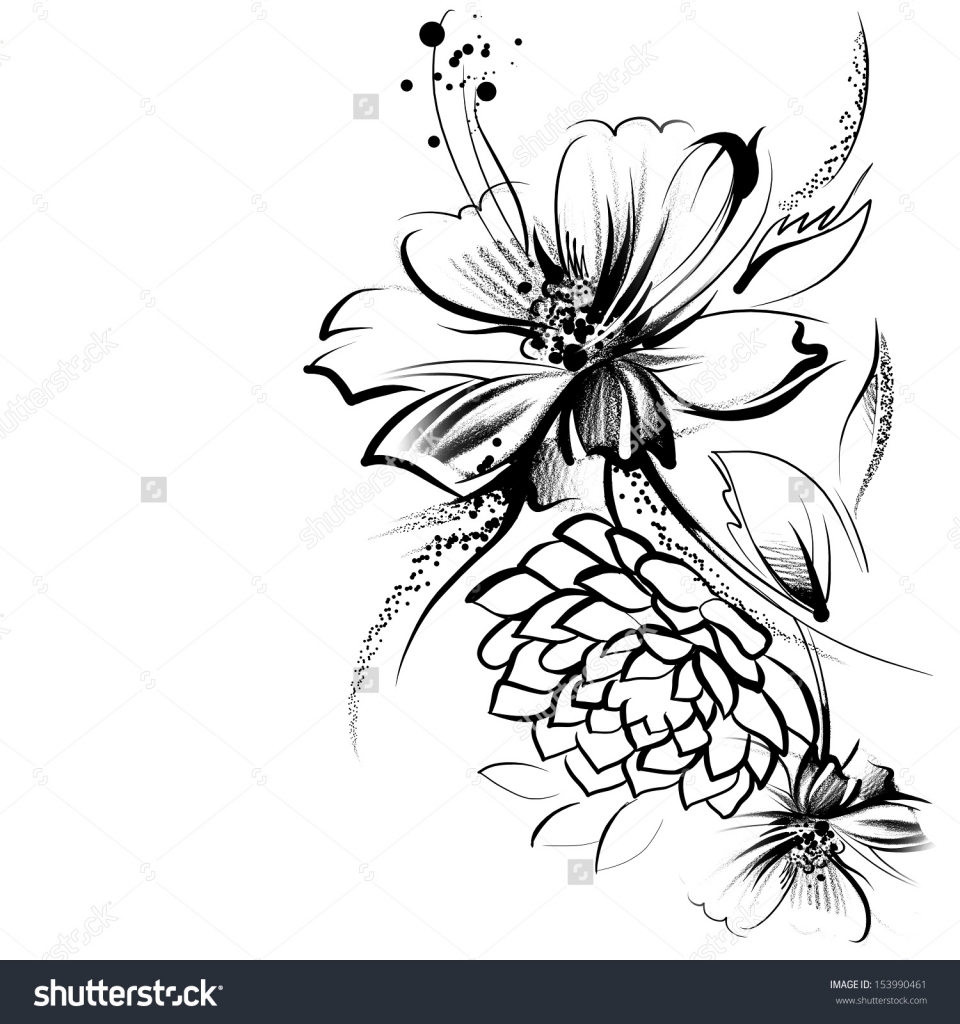 960x1024 Floral Pencil Drawings Black Background With White Flower Drawings