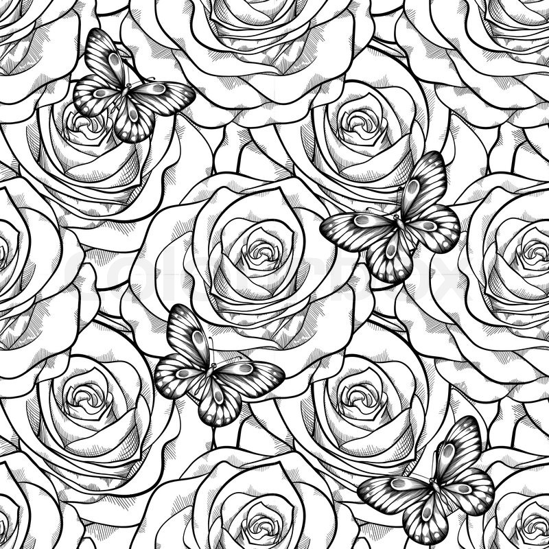 800x800 Beautiful Black And White Seamless Pattern In Roses With Contours