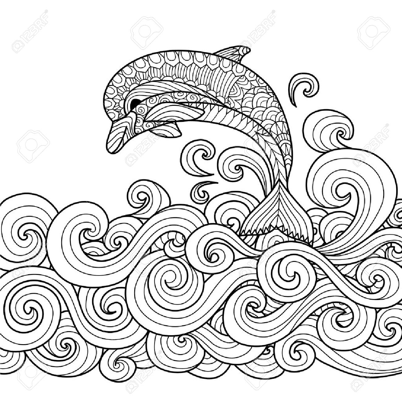 1300x1300 Hand Drawn Zentangle Dolphin With Scrolling Sea Wave For Coloring