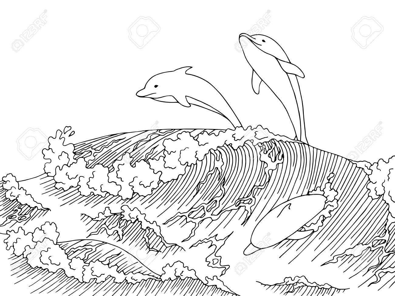 1300x975 Sea Dolphins Wave Graphic Art Surf Black White Landscape Sketch