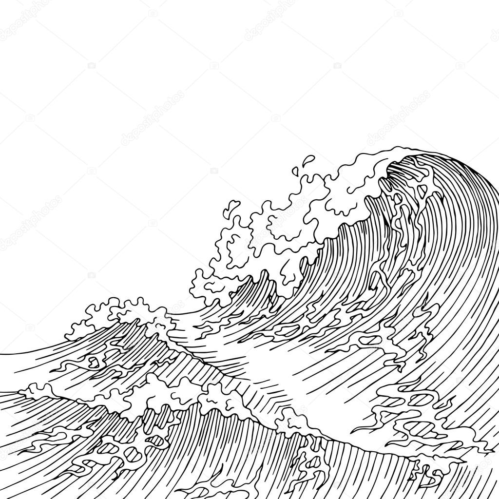 1024x1024 Sea Wave Graphic Art Surf Black White Landscape Sketch