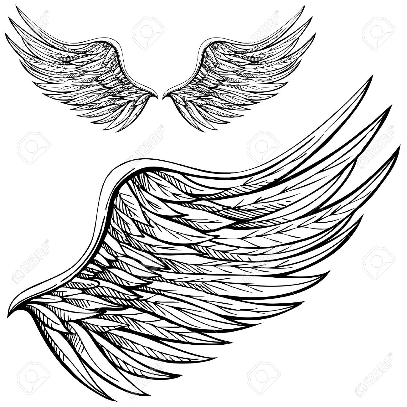 1300x1300 Cartoon Angel Wings In Black And White. Drawn By Hand. Royalty