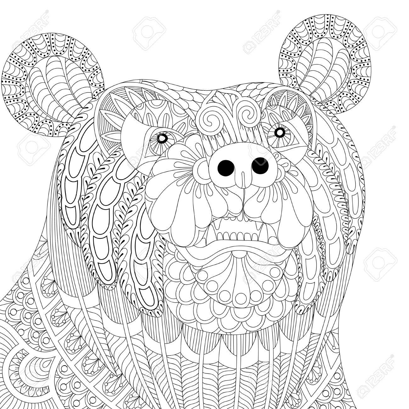 1300x1300 Vector Zentangle Bear Head For Adult Anti Stress Coloring Pages