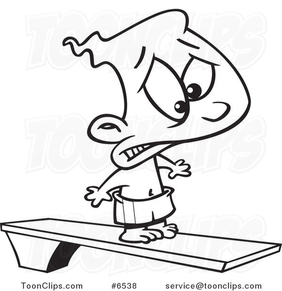 581x600 Cartoon Black And White Line Drawing Of A Scared Boy On A Diving