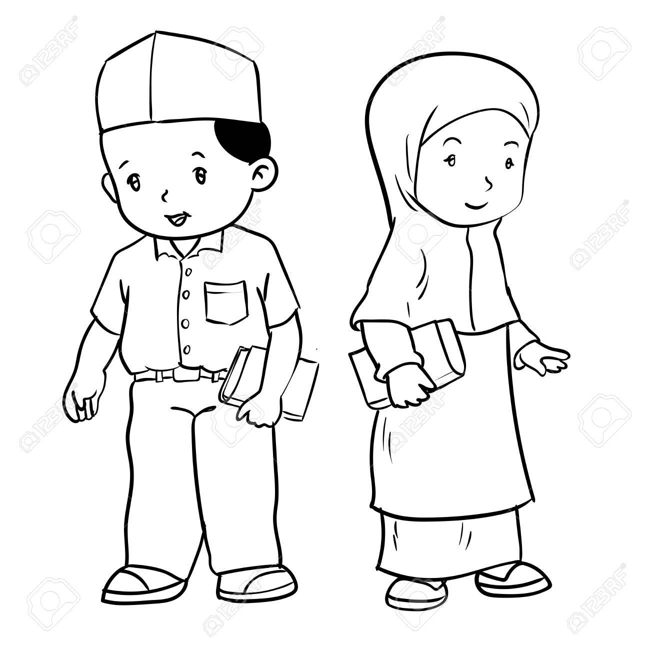 1300x1300 Hand Drawing Of Muslim Kids Standing Isolated On White Background