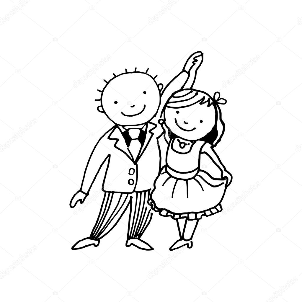 1023x1023 Dancing Couple, Black White Vector Illustration Doodle Sketch