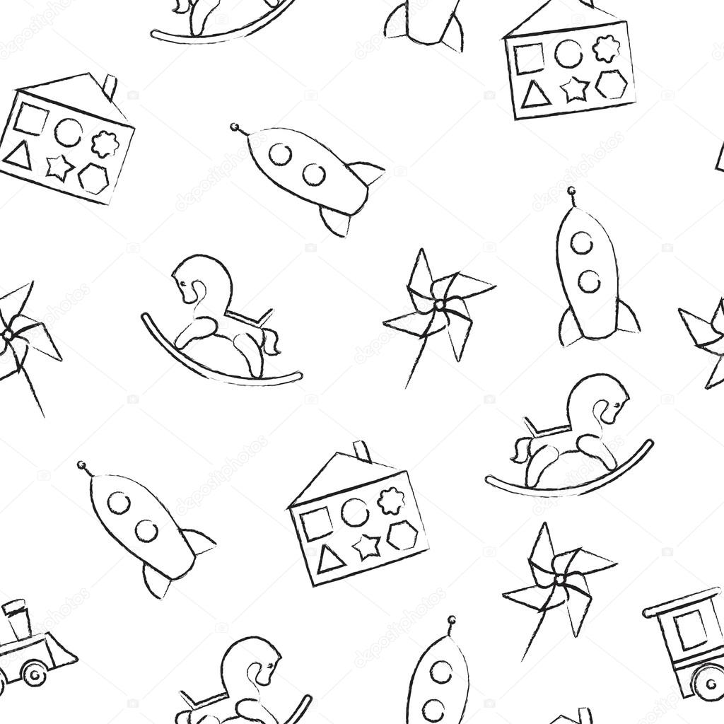 1024x1024 Seamless Pattern Black Crayon Childrens Drawings On White