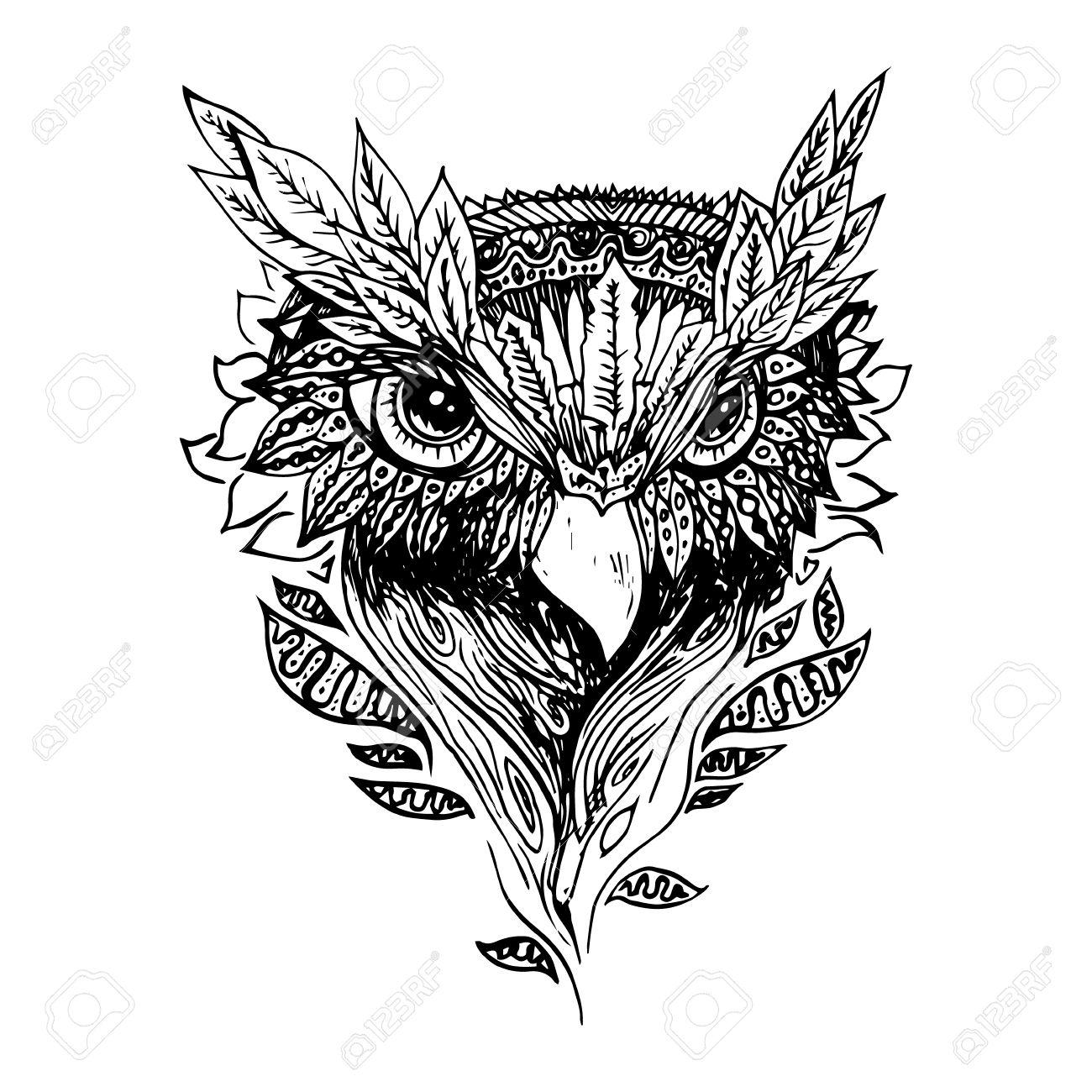 1300x1300 Black And White Owl Isolated. Engraving Sketch. Abstract Vector