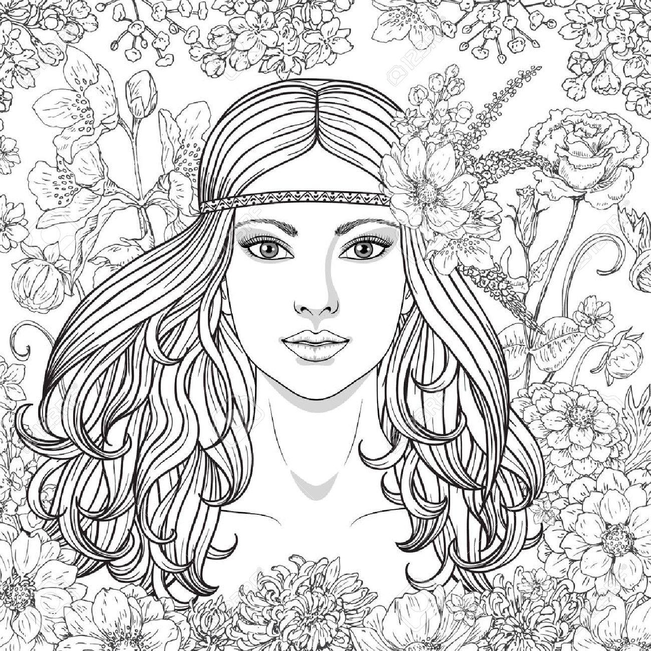 1300x1300 Hand Drawn Girl With Flowers. Doodle Floral Frame. Black