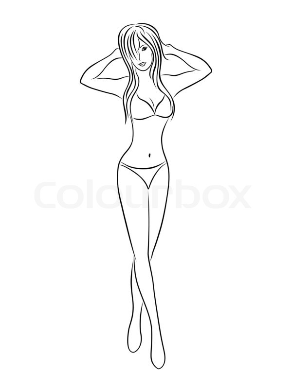 600x800 Beautiful Young Slim Woman In Bikini, Vector Hand Drawing Black