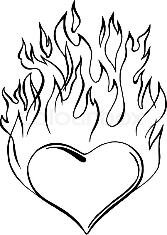 569x800 Hand Drawn, Vector, Sketch Illustration Of Flaming Heart Stock