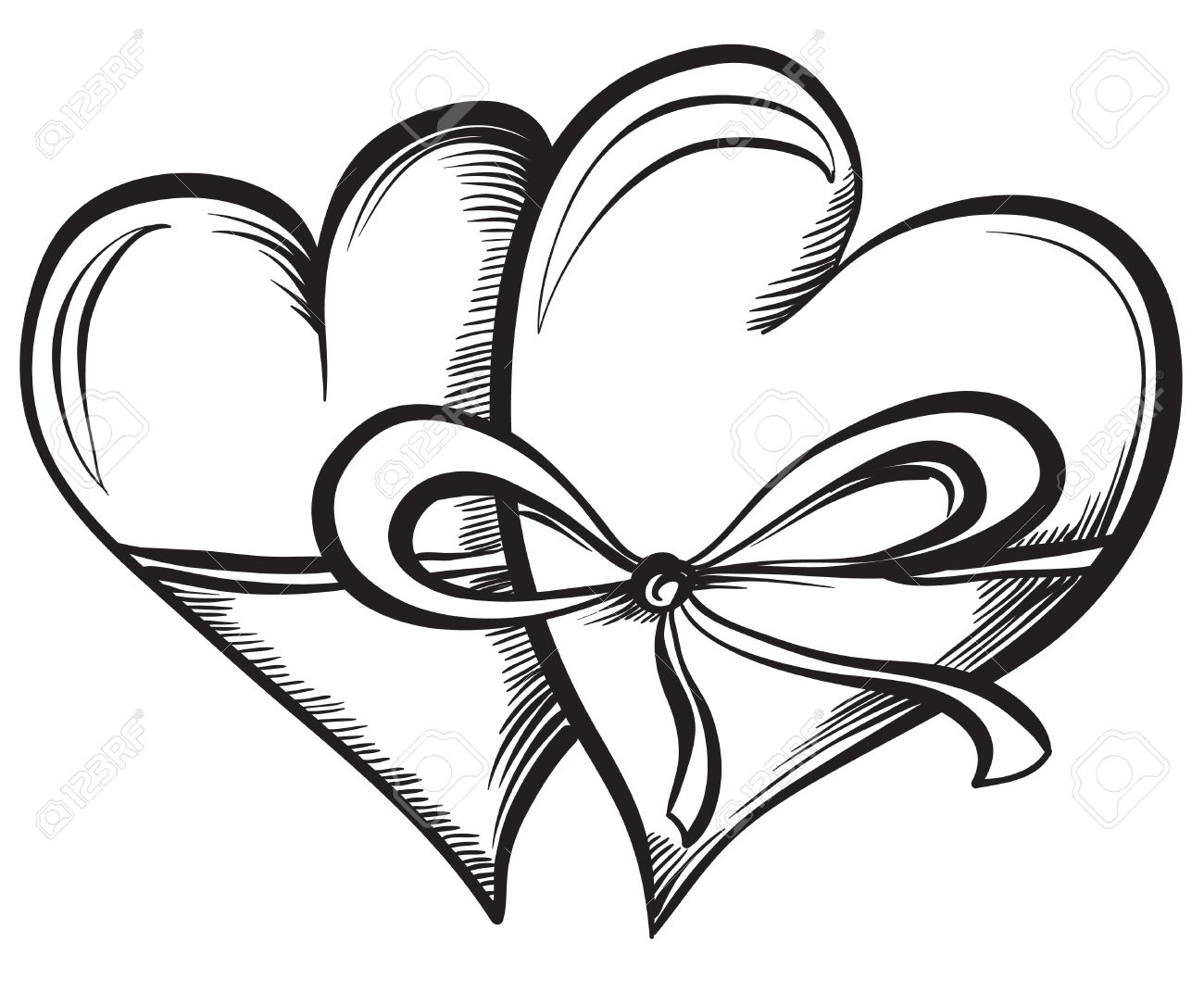 1300x1072 Two Valentine Hearts Together Tied Ribbon. Hand Drawn Sketch