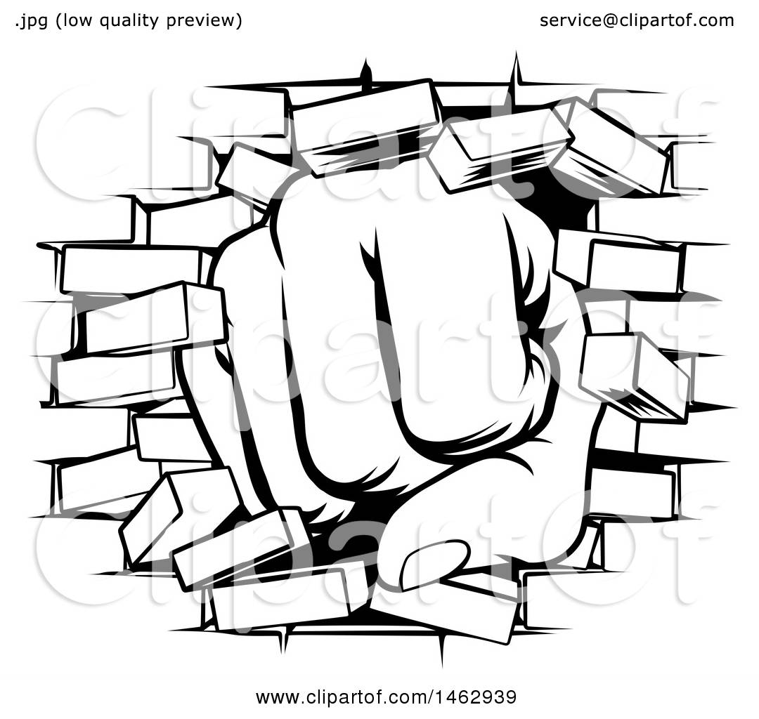 1080x1024 Clipart Of A Black And White Fist Punching Through A Brick Wall