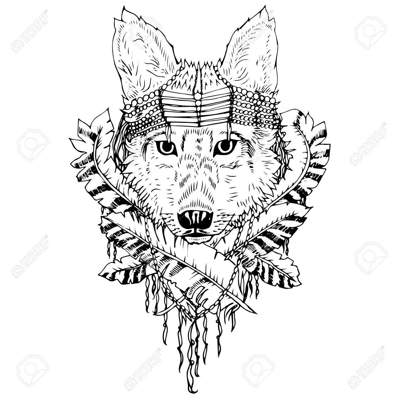 1300x1300 Black And White Wolf Isolated. Engraving Sketch. Abstract Vector