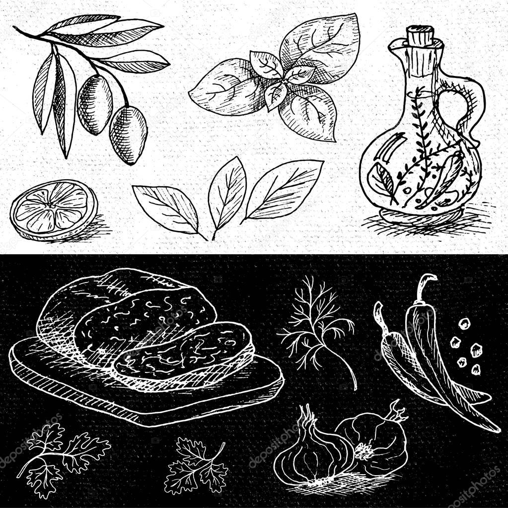 1023x1023 Set Of Chalk Drawn On A Blackboard Food. Stock Vector