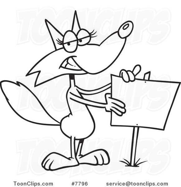 581x600 Cartoon Black And White Line Drawing Of A Fox Presenting A Blank