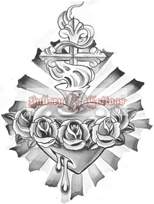 305x404 Bleeding Sacred Heart With Roses Tattoo Design