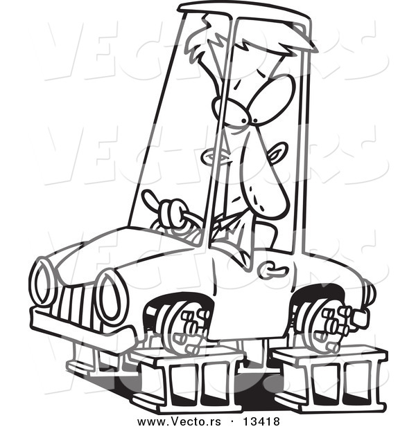 600x620 Vector Of A Cartoon Man In A Tireless Car On Blocks