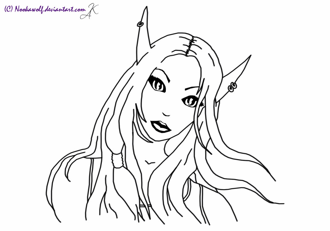 1067x748 Female Blood Elf Lineart By Nookawolf