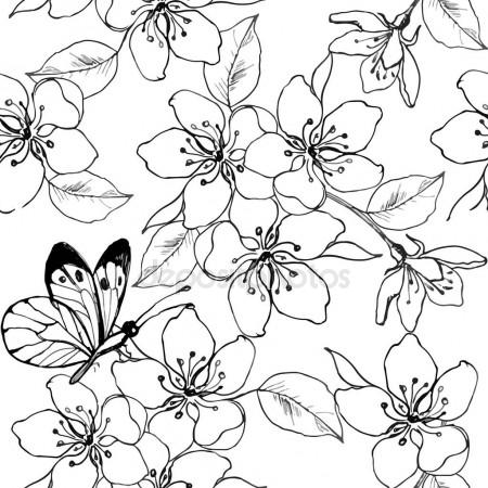 450x450 Hand Drawn Branch Of Cherry Blossom, Pear, Apple Tree