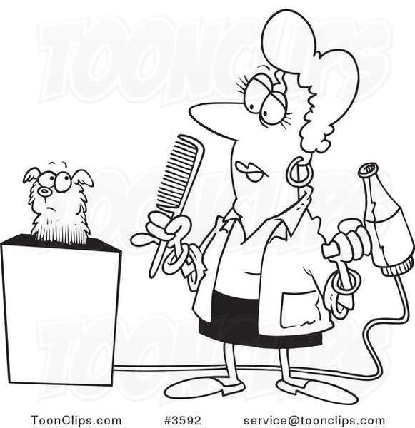581x600 Cartoon Blacknd White Line Drawing Of Dog Groomer Holding