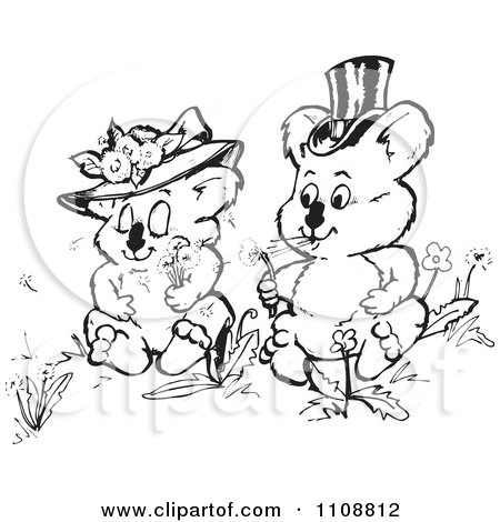 450x470 Clipart Black And White Koala Wedding Couple Blowing Dandelion