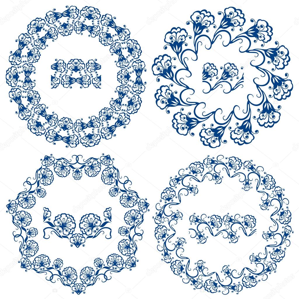 1024x1024 Set Of Blue Floral Circle Frames. Background In The Style Of Ch