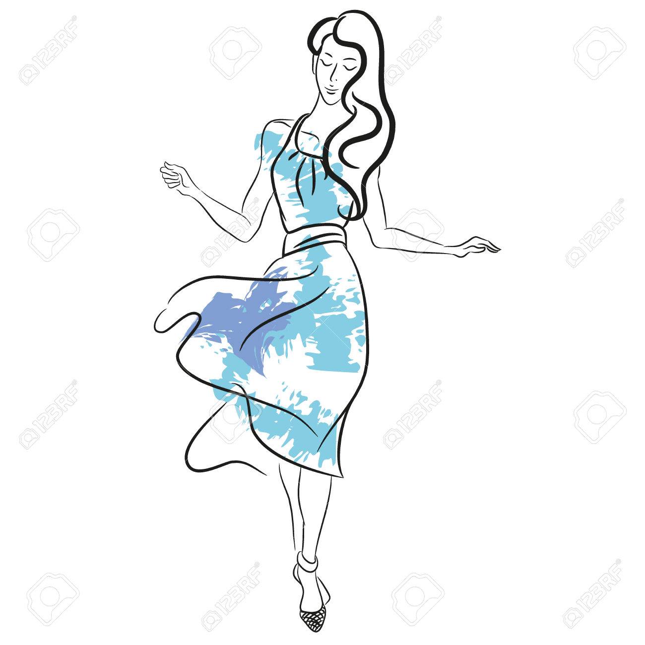 1300x1300 Abstract Painting With Woman In Cute Summer Dress And Blue Brush