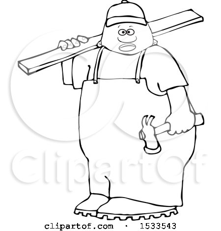 450x470 Clipart Of A Lineart Black Male Carpenter Carrying A Wood Board