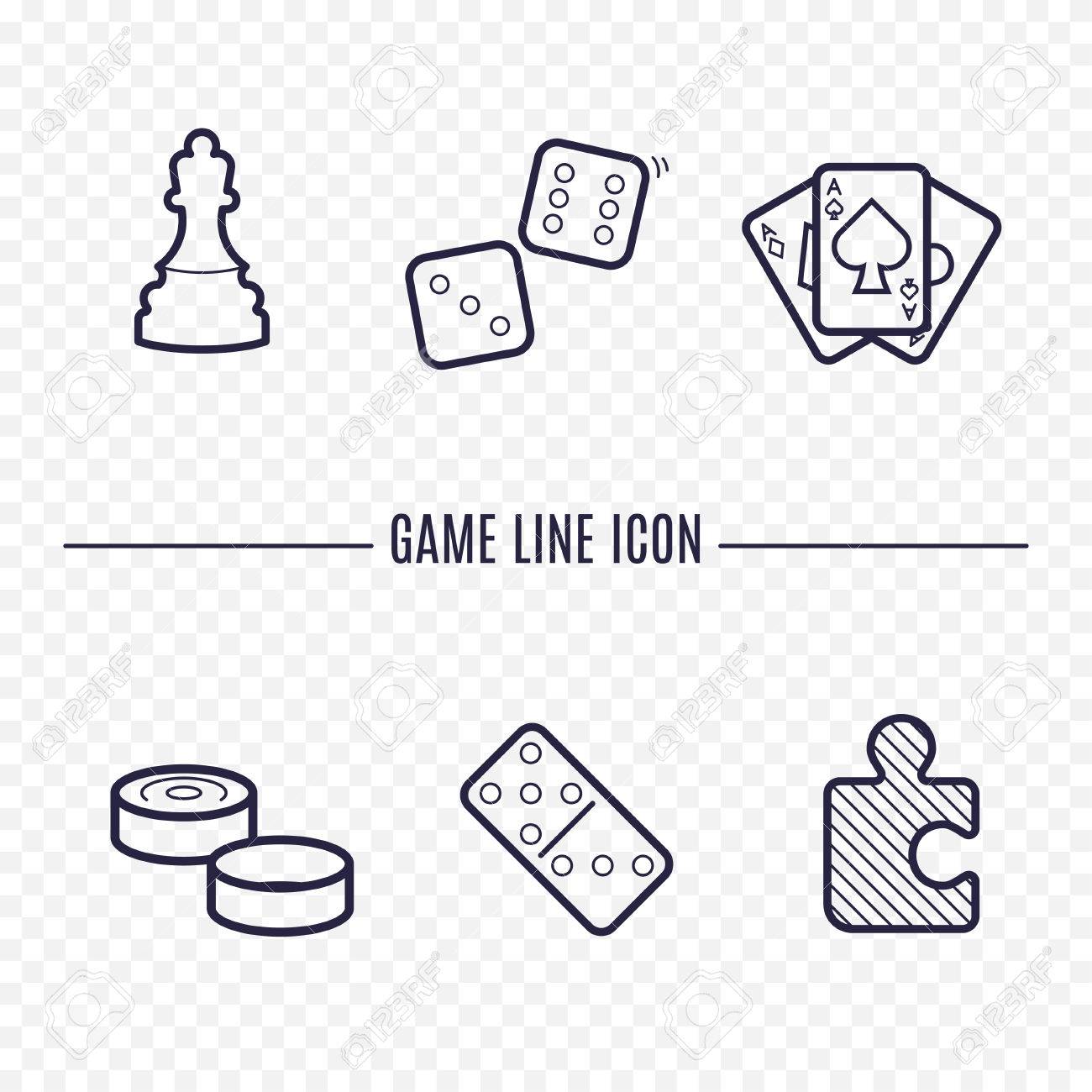 1300x1300 Games Linear Icons. Chess, Dice, Cards, Checkers And Other Board