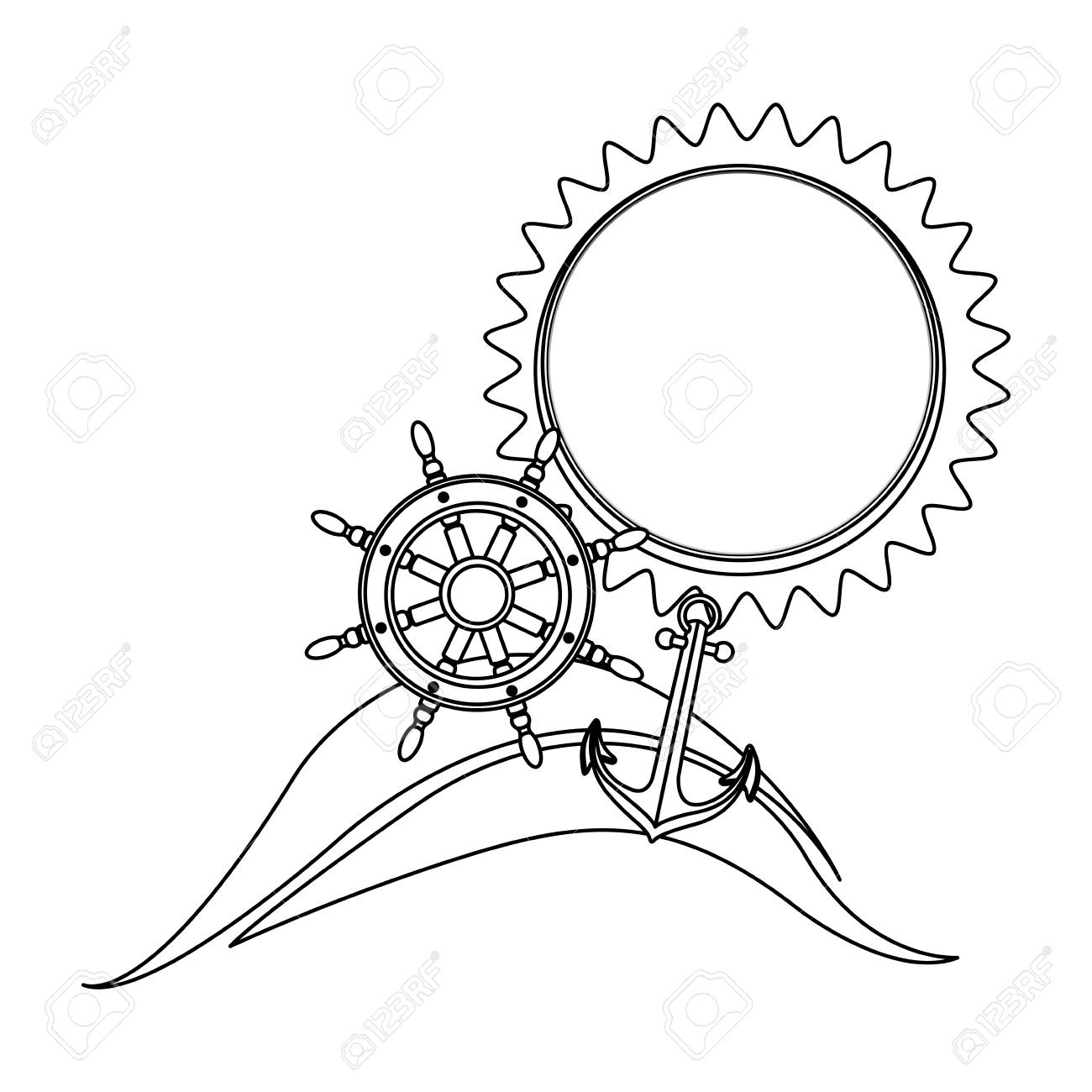 1300x1300 Monochrome Contour With Beach And Boat Helm And Anchor Vector
