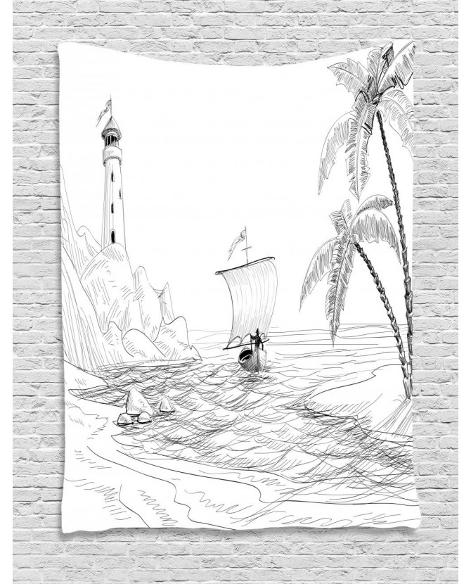 670x830 Tapestry Sketch With Boat Palms Printed Wall Hanging